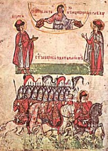 3-я миниатюра: «Князья Борис и Глеб удостоены мученических венцов»; 4-я миниатюра: «Князь Борис и его войско идут на печенегов».
