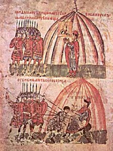 5-я миниатюра: «Убийцы князя Бориса находят его в шатре, где он молится»; 6-я миниатюра: «Убиение князя Бориса».