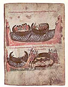 9-я миниатюра: «Тело убитого князя Глеба везут в ладье»; 10-я миниатюра: «Убитого князя Глеба прячут на берегу».